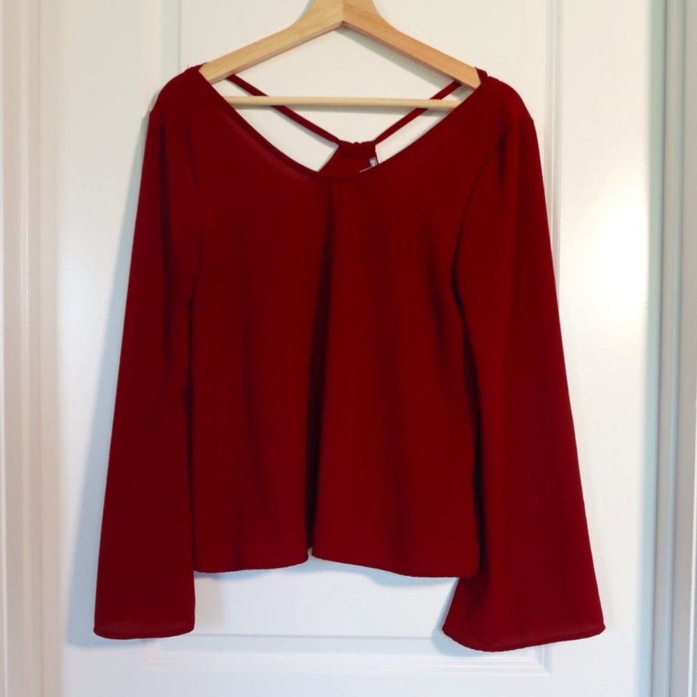 Maroon Bell Sleeve V Neck Long Sleeve Top
